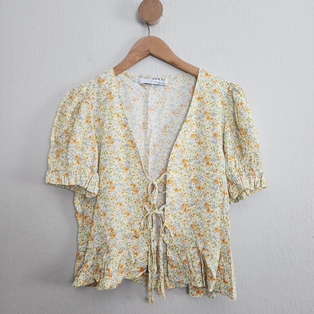 NEW Sophie Rue Yellow Floral Tie Front Puff Sleeve Peplum Top S